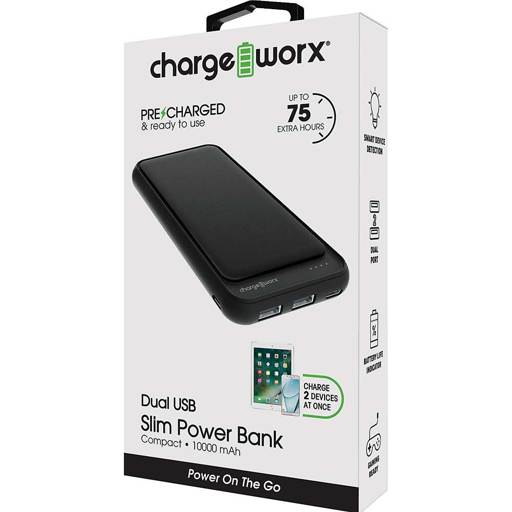 Chargeworx 10000mAh Dual USB Slim Power Bank - Assorted Colors