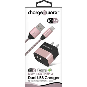 Chargeworx 2.4A Dual USB Metal Wall Charger & 10ft Micro USB Cable - Assorted Colors