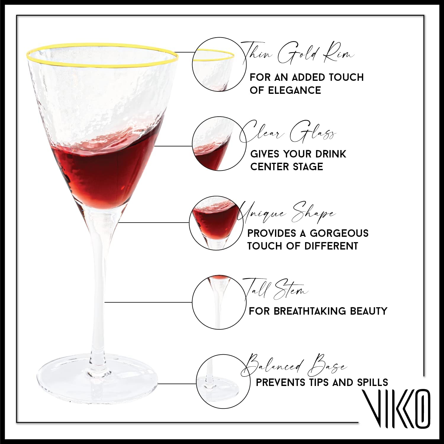 Vikko Decor - Gold Rim, Hammered Wine Glass, 11.5 Oz- Set of 6