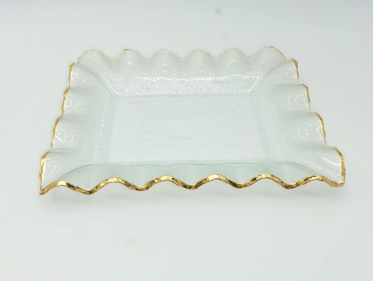 Joseph Sedgh Wavy Square Gold Border Glass Serving Platter Tray