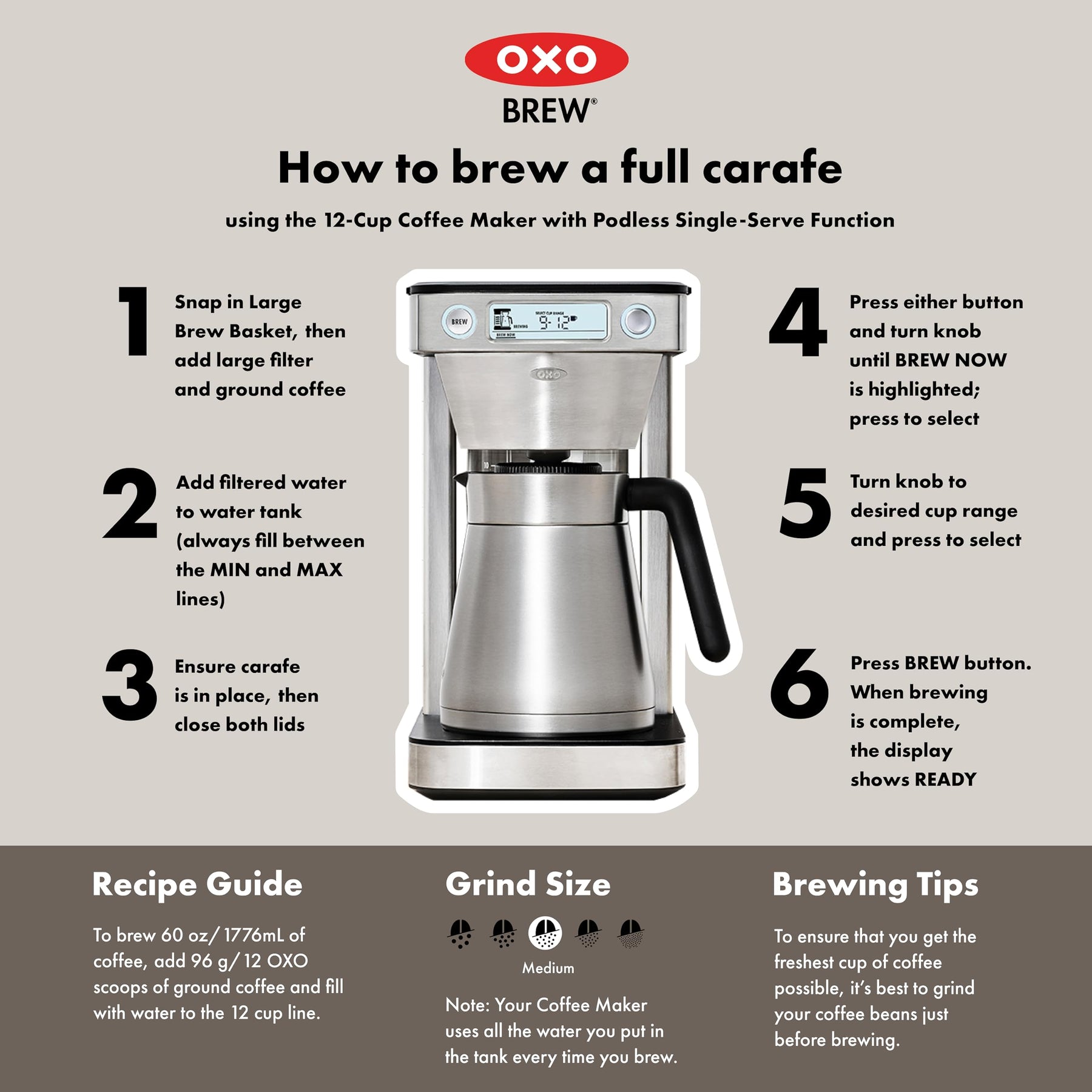 OXO BREW 12 CUP COFFEE MAKER WITHPODLESS SINGLE-SERVE FUNCTION