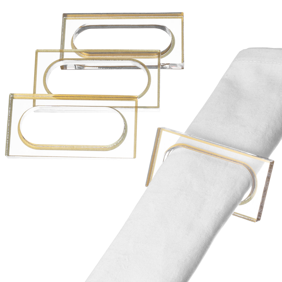 Waterdale Lucite Napkin Rings Cut Out Rectangle, Gold, Set of 4