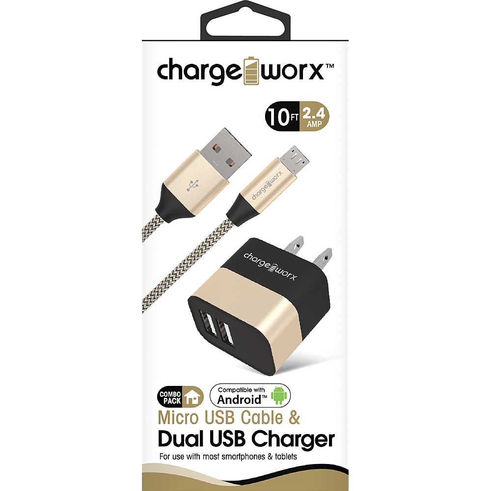 Chargeworx 2.4A Dual USB Metal Wall Charger & 10ft Micro USB Cable - Assorted Colors