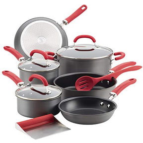 Rachael Ray 11 Piece Hard Anodized Nonstick Cookware Pots and Pans Set - Gray with Teal Handles