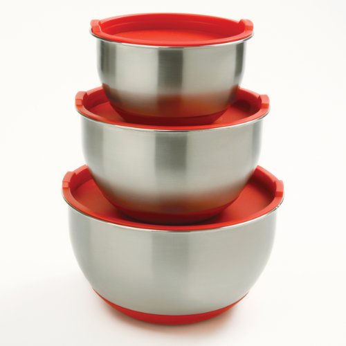 Norpro 3-Piece Stainless Steel Grip Bowls with Lids, Red