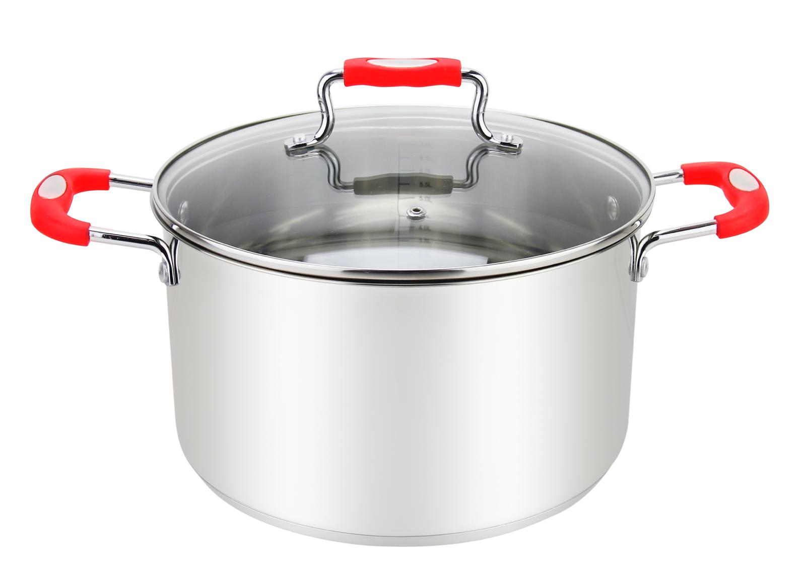 Millvado-Urban Stainless Steel Pot with Glass Cover, Red Silicone Handles, Various Sizes