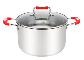 Millvado-Urban Stainless Steel Pot with Glass Cover, Red Silicone Handles, Various Sizes