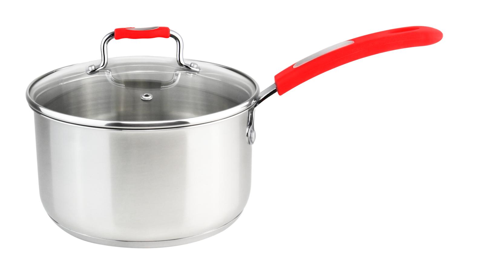 Millvado-Urban Stainless Steel Pot with Glass Cover, Red Silicone Handles, Various Sizes