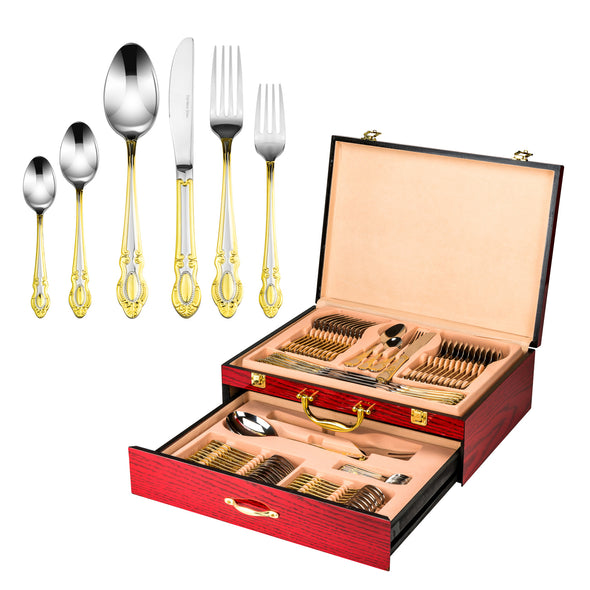 Joseph Sedgh 75 Piece Gold Accent 18/10 Flatware Set in Chest, Service for 12