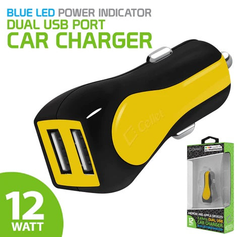 Cellet Prism Rapid Charge 12W 2.4A Dual USB Car Charger, Yellow