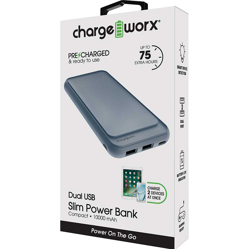 Chargeworx 10000mAh Dual USB Slim Power Bank - Assorted Colors