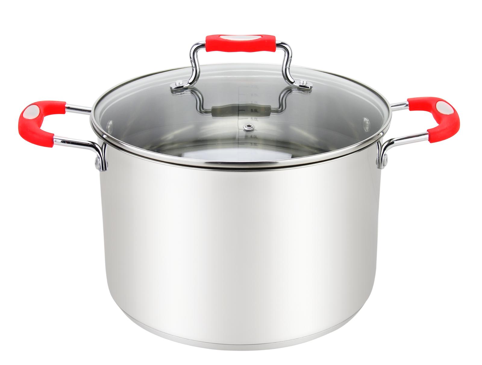 Millvado-Urban Stainless Steel Pot with Glass Cover, Red Silicone Handles, Various Sizes