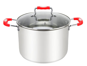 Millvado-Urban Stainless Steel Pot with Glass Cover, Red Silicone Handles, Various Sizes