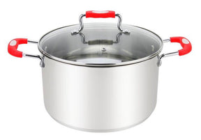 Millvado-Urban Stainless Steel Pot with Glass Cover, Red Silicone Handles, Various Sizes