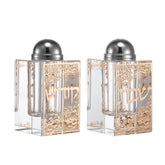 A&M Judaica Crystal Salt And Pepper Holder 2 Gold Shabbos Kodesh Plates 2x4"