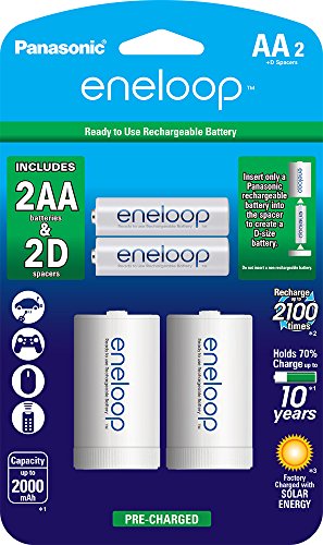 Panasonic eneloop Ni-MH Pre-Charged AA Rechargeable Batteries, 2 Pack with 2 D Spacers BATTRECHARGE BATTAA2PK