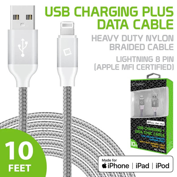 Cellet Lightning 8 Pin 10 Ft Heavy Duty USB Charging Plus Data Sync Cable - Silver