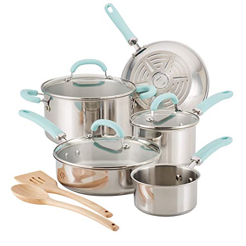 Rachael Ray Create Delicious Stainless Steel Cookware Set, 10-Piece Pots and Pans Set, Stainless Steel with Light Blue Silicone Handles, 6Qt, 2Qt, 1Qt, 3Qt Saute Pan, 10.25" Frying Pan, Spoon, Turner POTSET