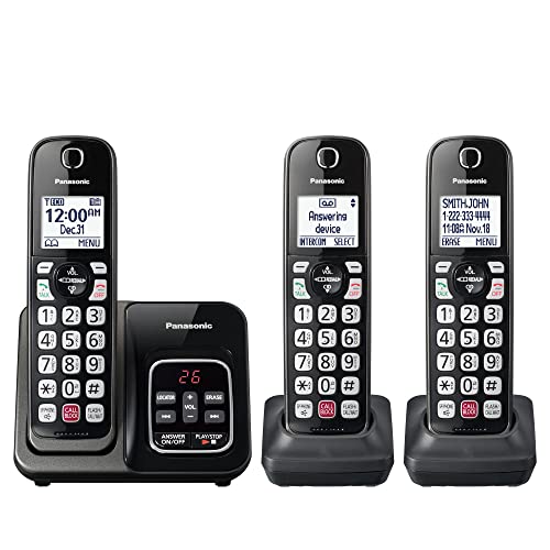 Panasonic Cordless Expandable Phone System with Answering Machine, 3 Handsets, Metallic Black
