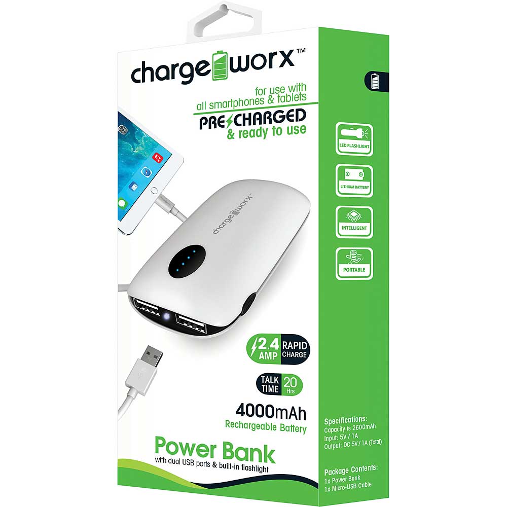 Chargeworx CX6543WH 4000mAh Premium Power Bankwith 2 USB Ports & On/Off Switch, White BATTPACK Portable Battery Backup
