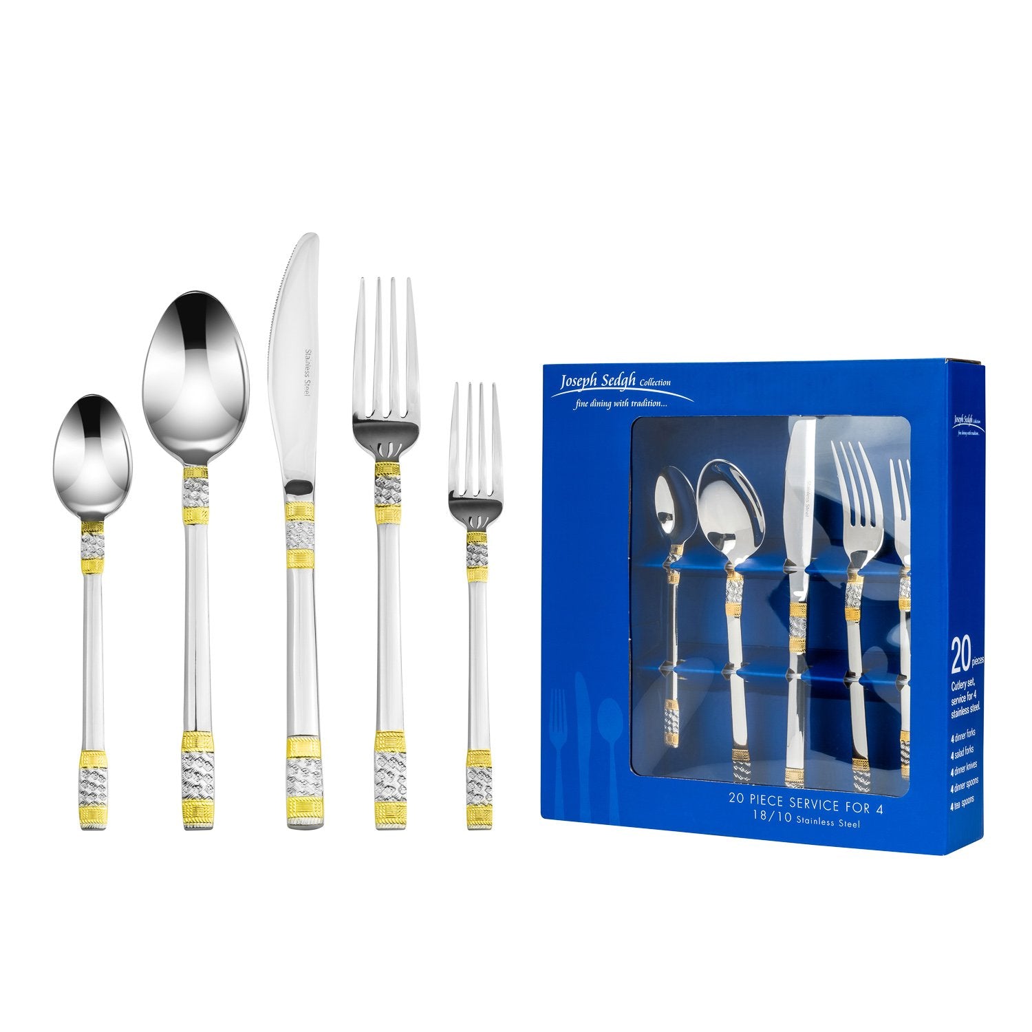 Joseph Sedgh 582G-20 18/10 Flatware, Service for 4, Silver with Gold