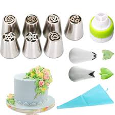 Russian Rose Flower Leaf Piping Tips, 11 Piece Set - Includes 1x 3-color coupler; 2 x leaf tips; 7 x russian nozzles; 1 x silicone bag