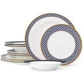 Noritake Blueshire 12 Piece Fine Bone China Dinnerware Set, Service for 4, Blue Mosaic Design with Gold Rim, Dishwasher Safe, Includes Dinner Plate, B&B and Soup Bowl