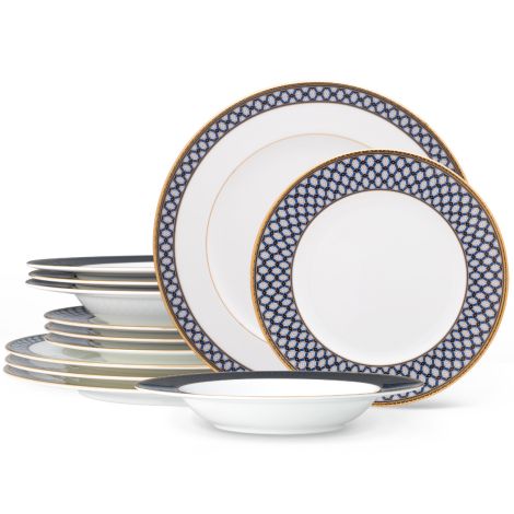 Noritake Blueshire 12 Piece Fine Bone China Dinnerware Set, Service for 4, Blue Mosaic Design with Gold Rim, Dishwasher Safe, Includes Dinner Plate, B&B and Soup Bowl