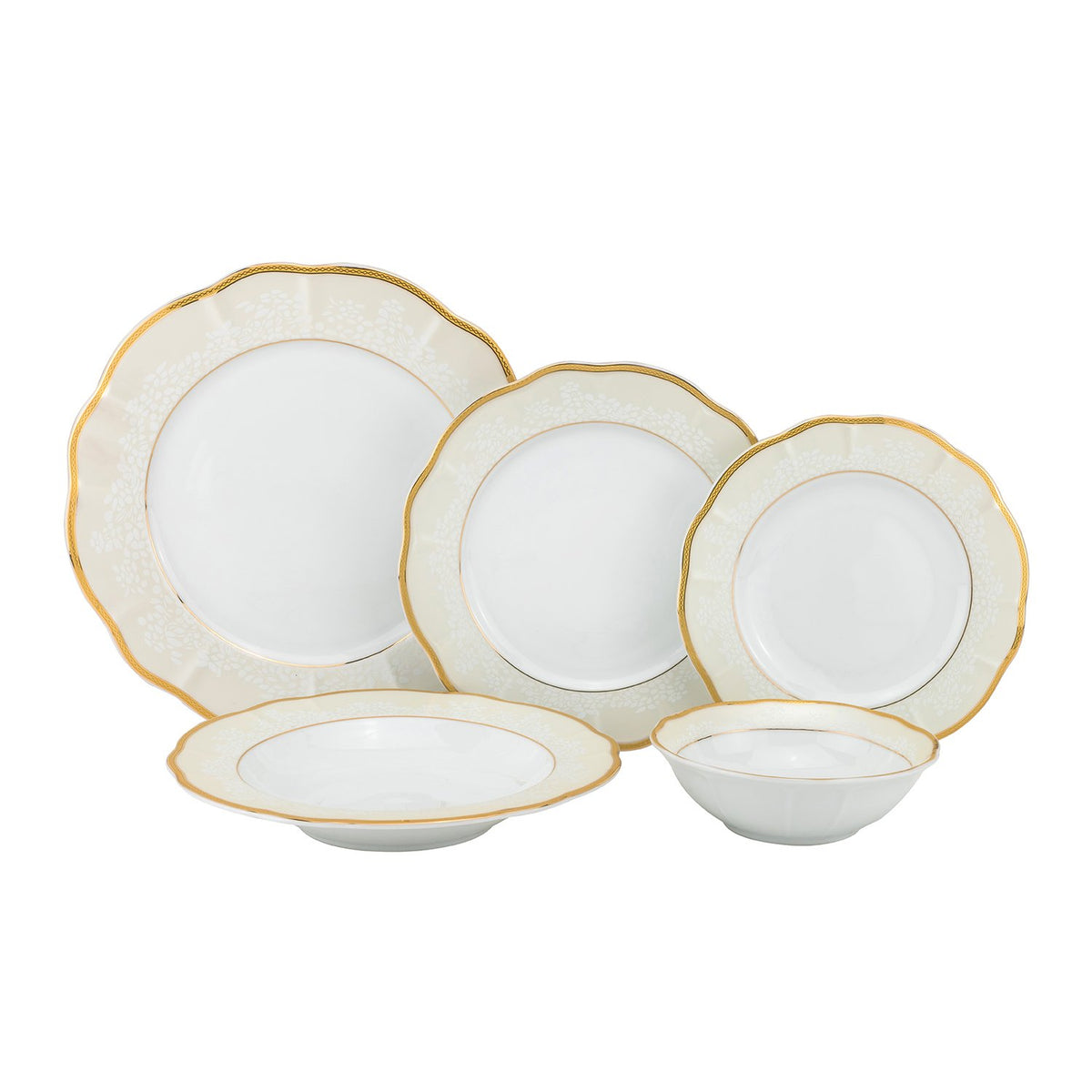 Joseph Sedgh 20 Piece Fine Porcelain Dinnerware Set, Service for 4, Fiorella Gold (10.5" dinner plates, 8.5" soup plates, 7.5" salad plates, Four compotes, Four saucers)