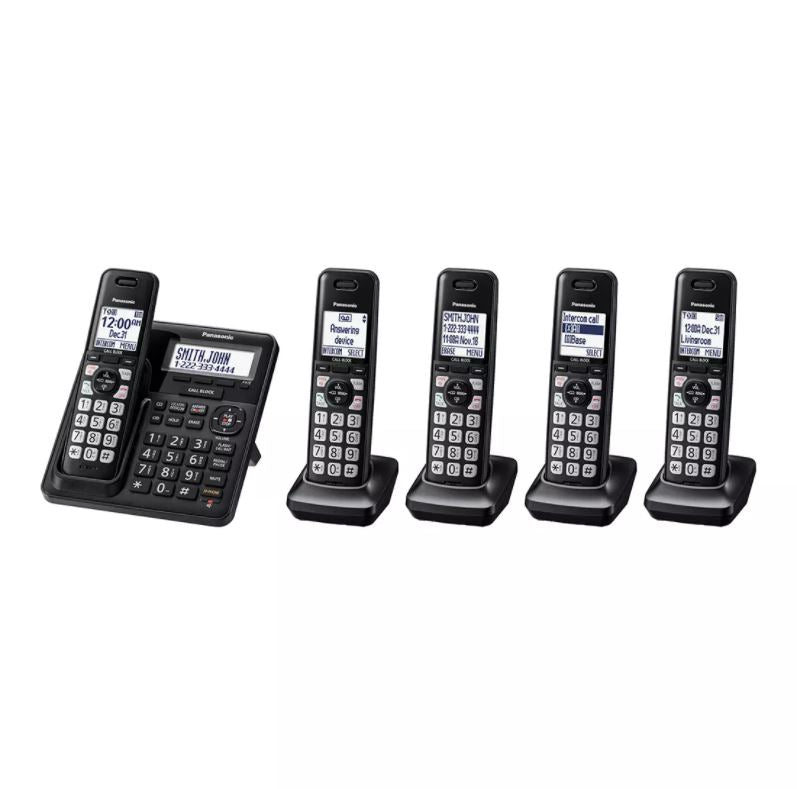 Panasonic KX-TG6145SK 5 Handset Cordless DECT6 Phone, Belt Clip, Headphone Jack, Intercom, Black