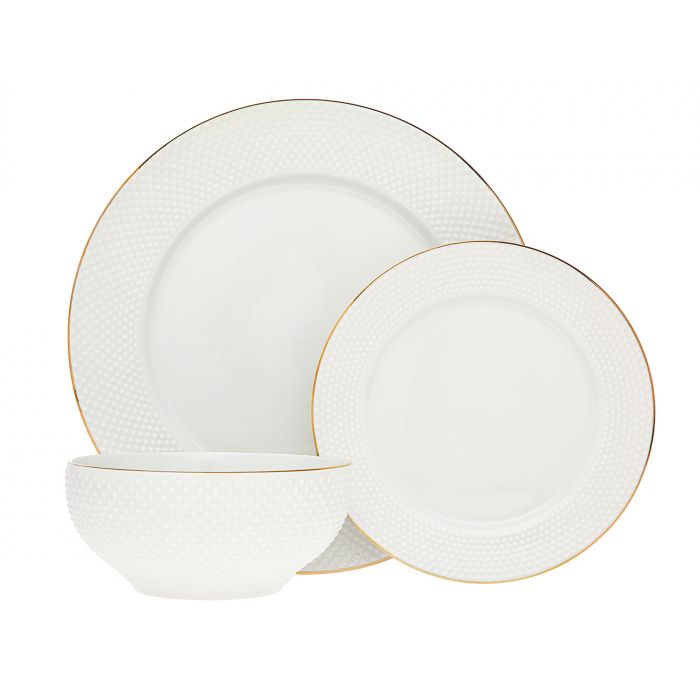 Godinger Pique Gold 18 Piece Porcelain China Set, Service for 6, 10.25" Dinner Plate, 7.5" Salad Plate and 6"Bowl