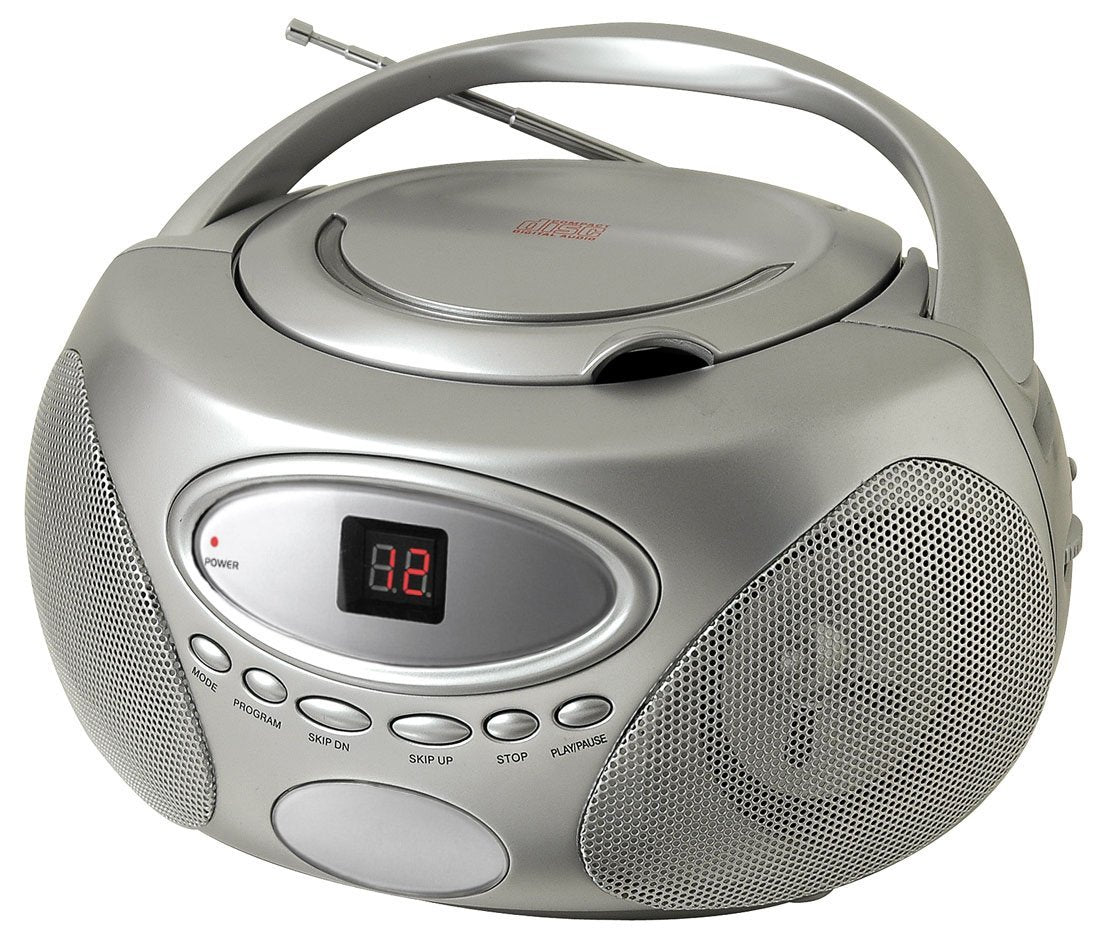 Sylvania SRCD261 Portable CD Player Boombox with AM/FM Radio with Aux Input, Silver