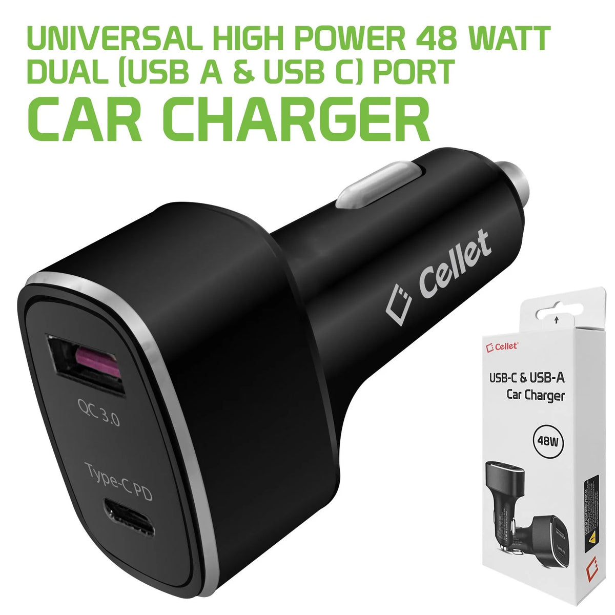 Cellet Dual USB Car Charger, Universal High Power 48 Watt Dual (USB A & USB C), Black