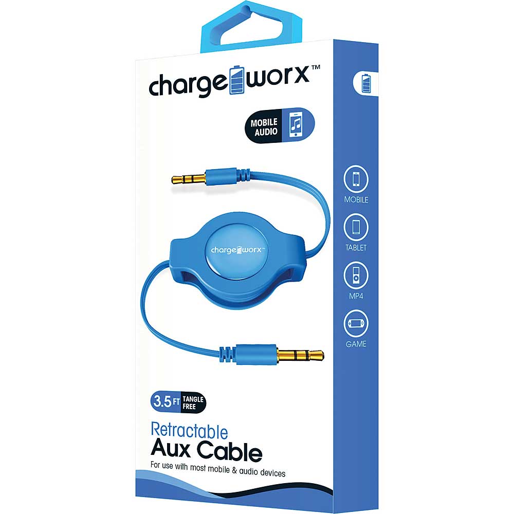 Chargeworx CX5512BL Aux Audio Retractable Cable, Blue 3  Feet. FT.