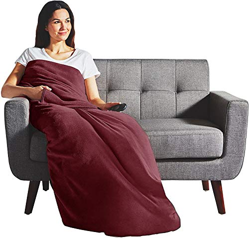 Sunbeam Electric Heated Velvet Plush Deluxe Throw XL Dual Pocket (For Hands and Feet) Blanket Garnet Red Washable Auto Shut Off 3 Heat Settings