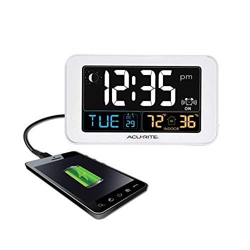 AcuRite Intelli-Time Alarm Clock with USB Charger, Indoor Temperature and Humidity, White