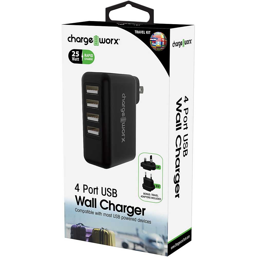 Chargeworx 4 Port USB Wall Charger, Black