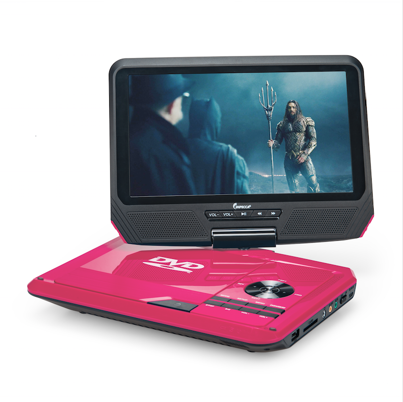 IMPECCA DVP-917P 9-inch 270° Swivel Screen Portable DVD Player, USB & SD Slots,Ability to Copy from CD to USB, 3-4 hours playback, Remote Control, Pink
