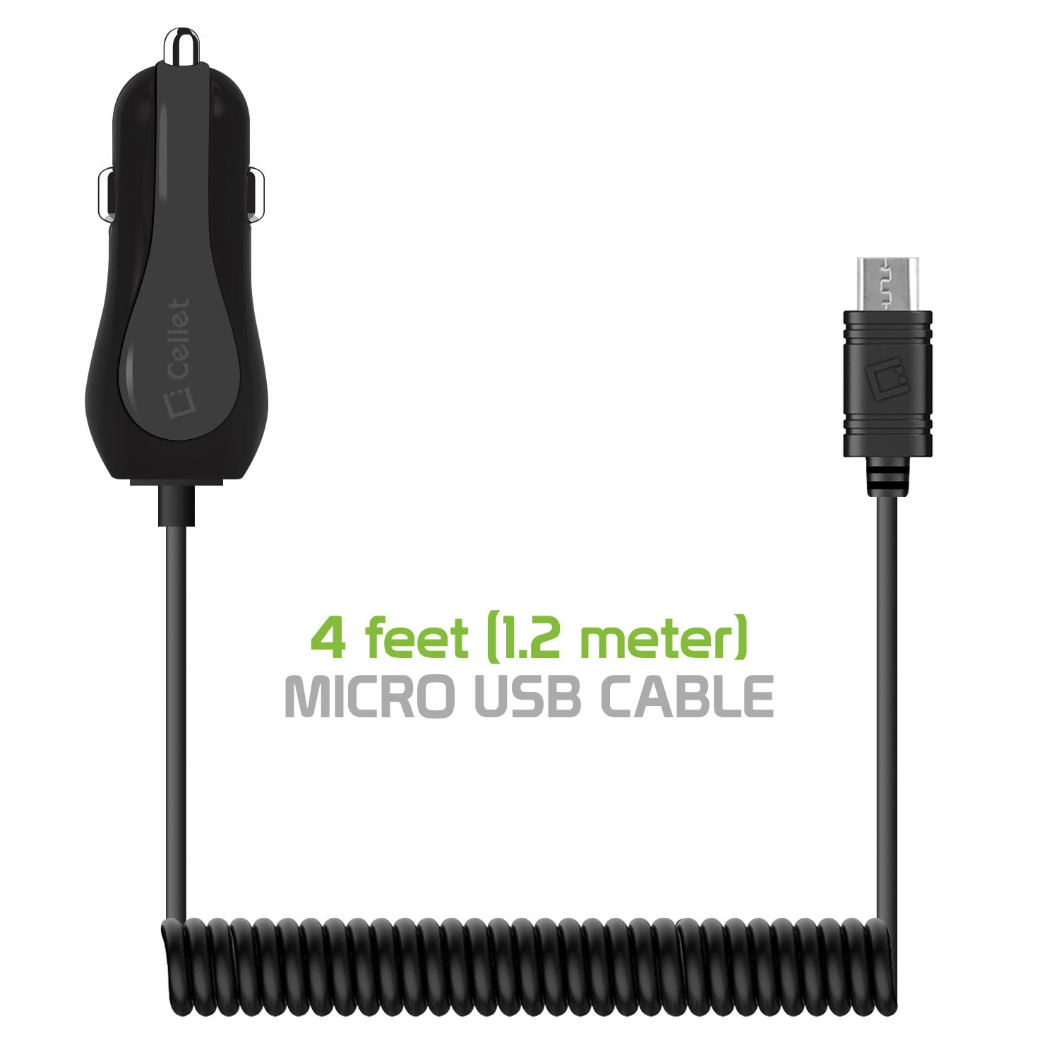 Cellet High Powered 12 Watt (2.4 Amp) Micro USB Car Charger with Extra USB Port and Coiled cable - Black