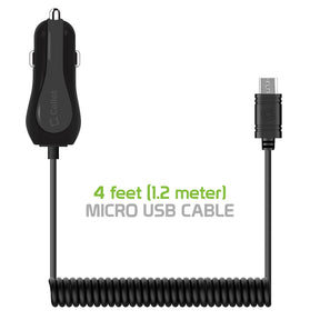 Cellet High Powered 12 Watt (2.4 Amp) Micro USB Car Charger with Extra USB Port and Coiled cable - Black