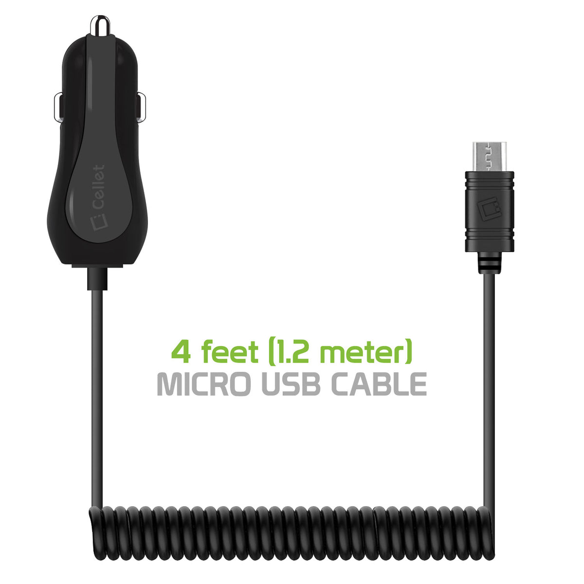 Cellet High Powered 12 Watt (2.4 Amp) Micro USB Car Charger with Extra USB Port and Coiled cable - Black