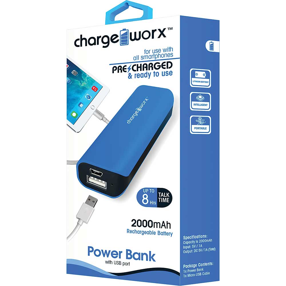 Chargeworx CX6505BL 2000mAh Power Bank with Flashlight, Blue BATTPACK Portable Battery Backup