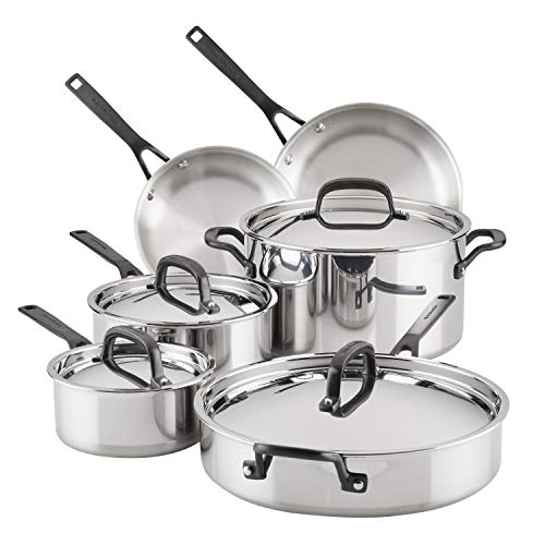 KitchenAid 5-Ply Clad Polished 10 Piece Stainless Steel Cookware Pots and Pans Set