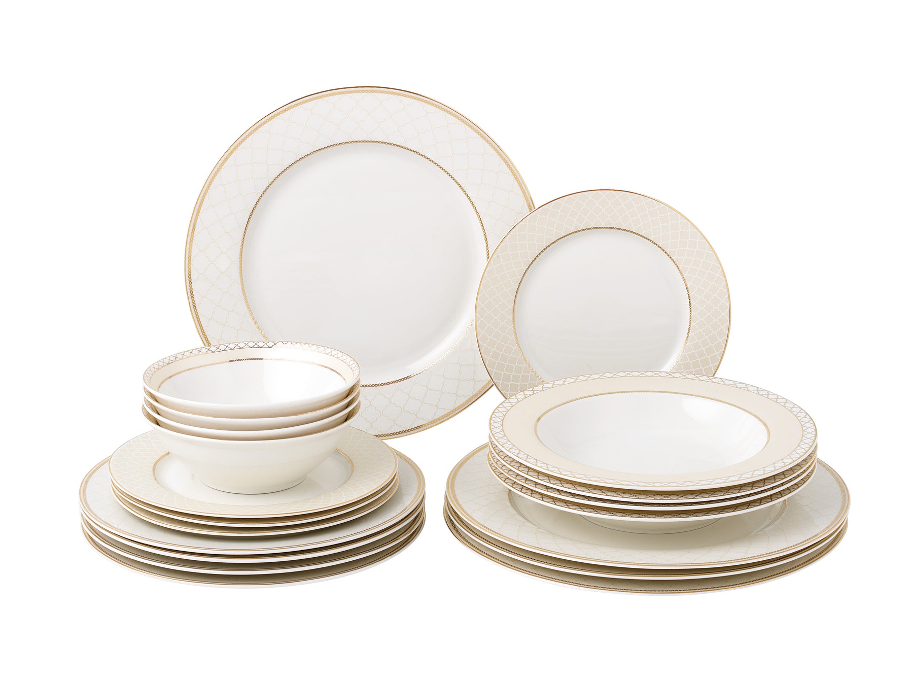 Lorren Home 20 Piece Bone China Dinnerware Set, Gold Moroccan Trellis, Service for 4, Dishwasher Safe, Includes Dinner Plate, Salad, Dessert, Soup and Compote Bowl