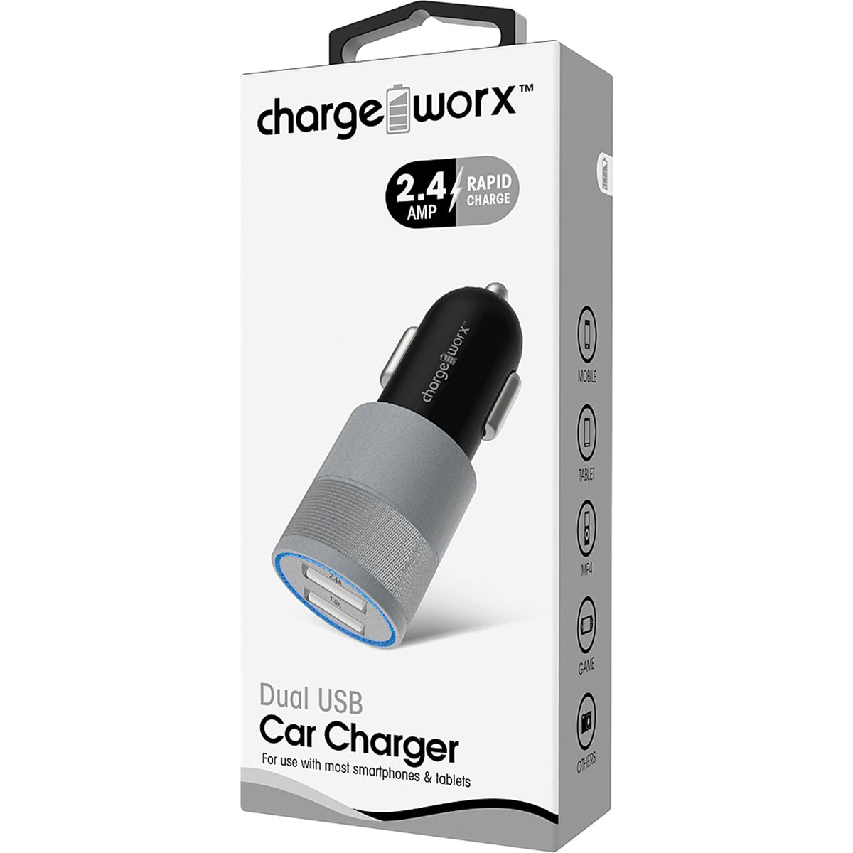 Chargeworx CHA-CX3049BKSL 2.4 Dual USB Rapid Car Charger, Black/Silver