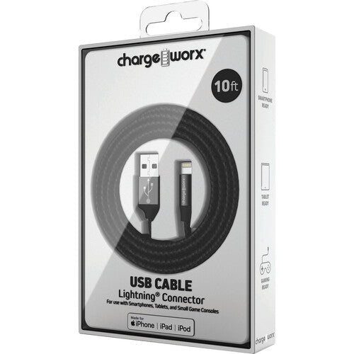 ChargeWorx Lightning to USB Type-A Male Cable 10Ft, Black