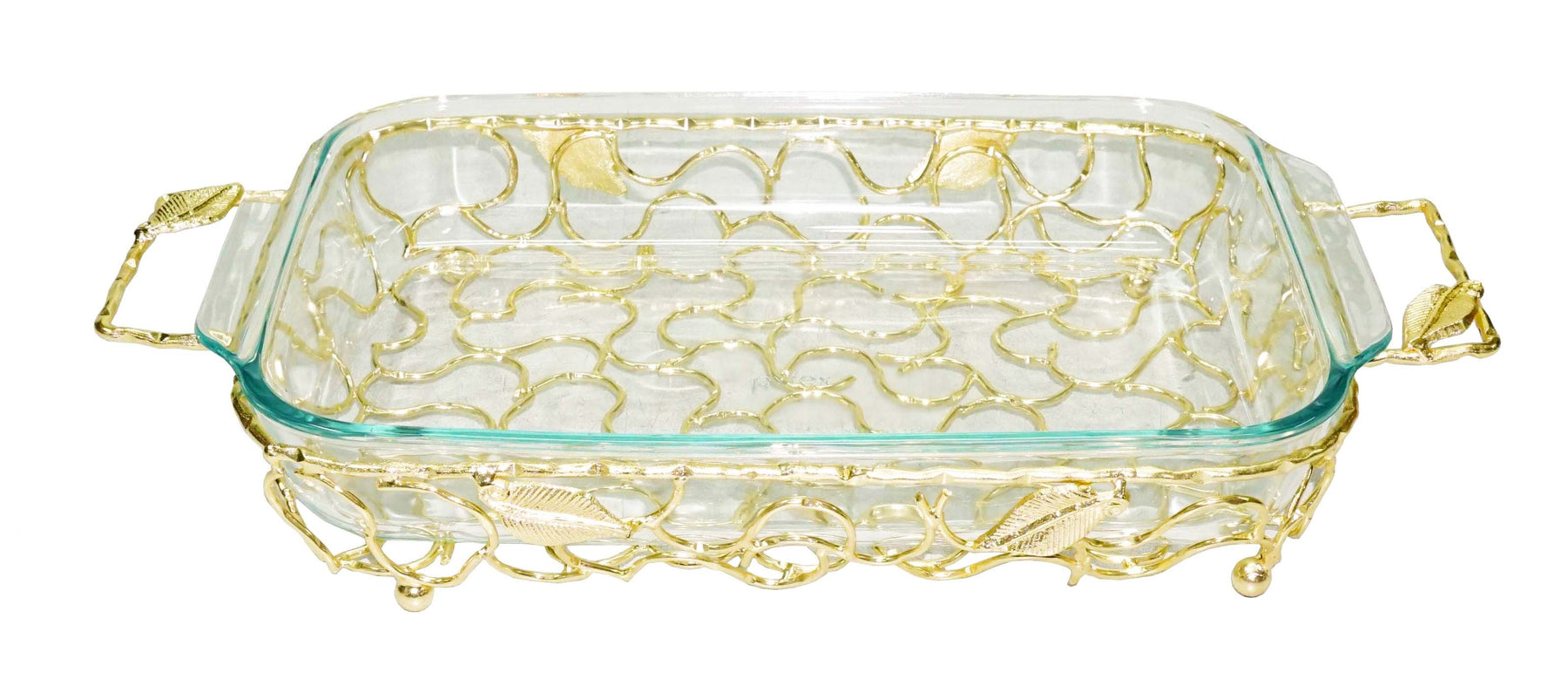 Classic Touch Rectangular Gold Handled Pyrex Holder with Leaf Design