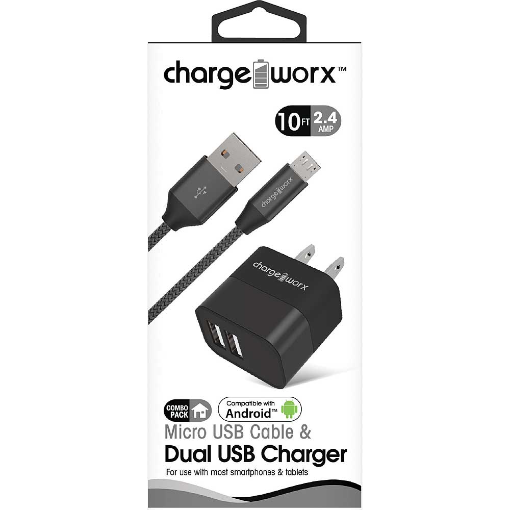 Chargeworx 2.4A Dual USB Metal Wall Charger & 10ft Micro USB Cable, Black