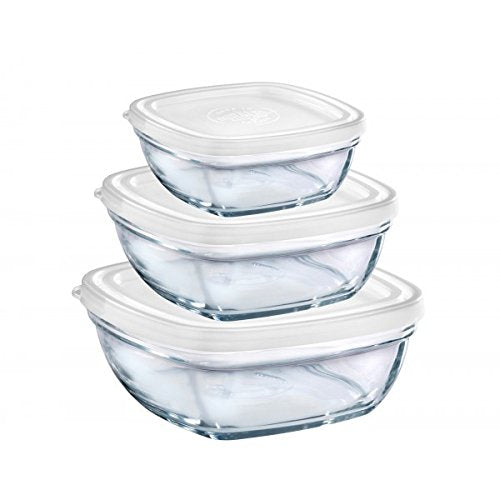 Duralex Lys Glass Square Stackable Bowls with White Lid, Set of 3 Sizes