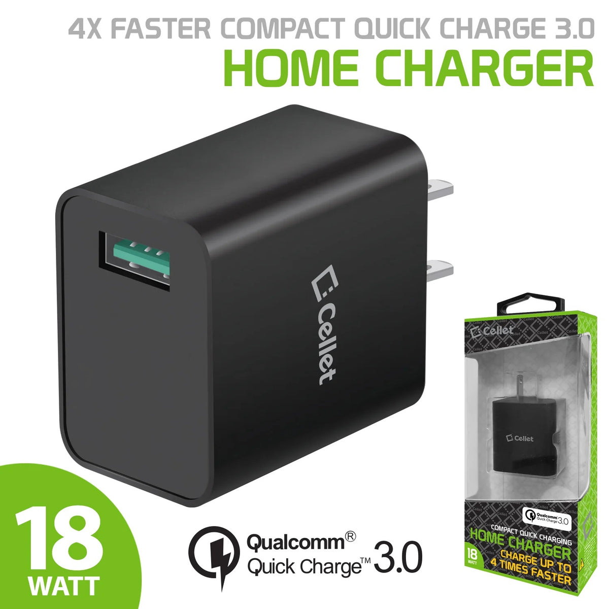 Cellet 4x Faster Compact Quick charge 3.0 18W USB Wall Adapter Home Charger, Black